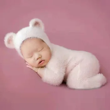 Одежда для фотосъемки новорожденных, Мягкая вязаная Детская одежда с маленьким меховым медведем, Мультяшная цельная одежда, шапка, Детская пленка из двух частей 