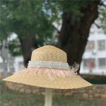 Соломенная фетровая шляпа с большими широкими полями, кожаная, украшенная жемчугом, летняя шляпа на плоской подошве для женщин, Модная пляжная шляпа, Джазовая шляпа-дерби в Кентукки