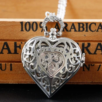 Серебряные полые карманные часы в форме сердца Ожерелье Изысканный кварцевый кулон Цепочка Часы Женская Подруга Подарок любовнику