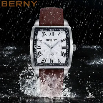 Мужские наручные часы Berny Quartz с винтажным дисплеем с римскими цифрами, Роскошные мужские часы из натуральной кожи, водонепроницаемые мужские часы длиной 30 м