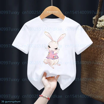 2023 Новая футболка для девочек, Милая футболка с изображением Золотого Кролика, Лебедя, Оленя Для мальчиков, Забавная Детская одежда, Белая футболка, топы