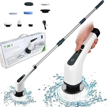 Электрическая Скруббер-турбощетка с 7 сменными насадками, Регулируемая ручка, Инструменты для чистки кухни и ванной комнаты