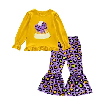 Оптовая продажа, Желтый топ с длинными рукавами и бантом, Длинные брюки с леопардовым принтом в западном стиле, Комплекты одежды для девочек