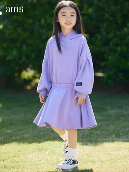 Amii/Детское платье для девочек, Весенние Платья в Корейском стиле Длиной до колена с Длинным рукавом и капюшоном, Свободная Модная Одежда Для девочек, Vestidos 22351002