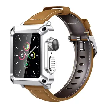 Кожаный ремешок + Чехол для часов Apple Watch Band 44 мм 42 мм 40 мм 38 мм, Защищенный от падения Стеклянный Металлический корпус Для iWatch series 6 5 4 3 SE Band