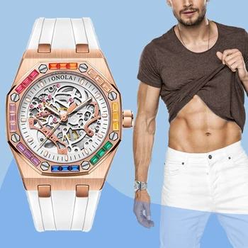 Мужские роскошные часы крупного бренда Hollowout Rainbow Diamond Автоматические механические часы Мужские с силиконовой лентой Водонепроницаемые женские часы