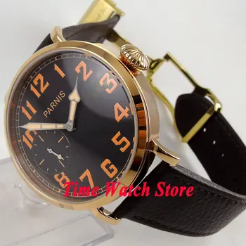 Часы Parnis 46 мм золотой корпус черный циферблат оранжевые цифры раскладывающаяся застежка механический механизм 6497 с ручным заводом мужские часы 405