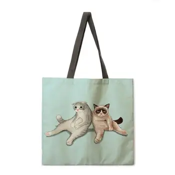 Сумка-тоут с принтом кошки из льняной ткани, повседневная сумка-тоут, складная сумка для покупок, многоразовая пляжная сумка, женская сумка через плечо