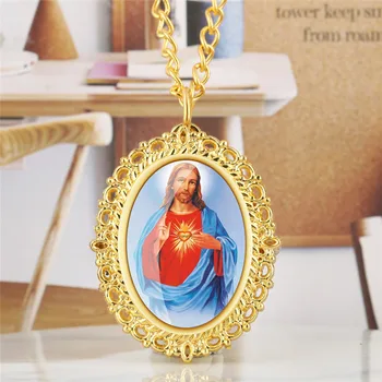 Классический Желто-золотой дизайн Иисуса, подвеска Унисекс Овальной формы, кварцевые карманные часы, часы-охотник в комплекте со свитером, ожерелье-цепочка