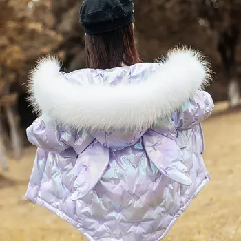 Мода 2021, Зимняя пуховая верхняя одежда с капюшоном и меховым воротником, Пуховое пальто для маленьких девочек, верхняя одежда Желтого/фиолетового/розового цвета, детская зимняя одежда