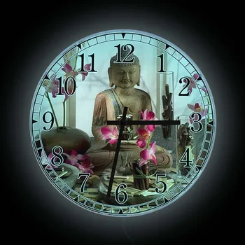 Настенные часы с Цветком Будды и Лотоса для комнаты Дзен, Декор студии Йоги в стиле буддизма и Лотоса, Часы со светодиодной подсветкой, Прикроватная лампа