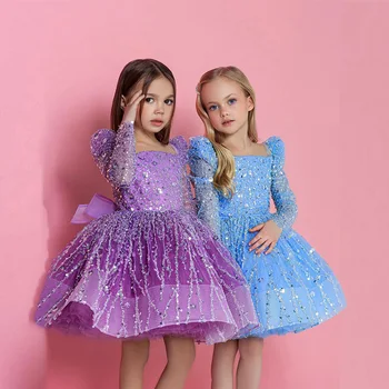 2023 Роскошное платье с блестками для детей, Шикарное и элегантное Газовое бальное платье для вечеринки в честь 1-го дня рождения, Детский карнавальный костюм
