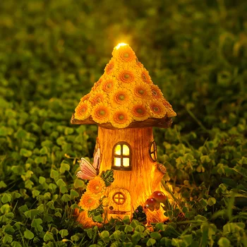 Ремесленный Миниатюрный Дом со светодиодной подсветкой на солнечных батареях, Садовая Фея, Дорожка на открытом воздухе, Солнечный цветок, Коттедж из смолы, Рождественская лампа, украшение