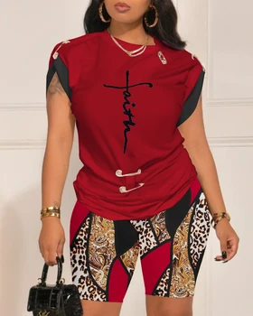 Женская модная повседневная одежда с коротким рукавом, комплекты из двух предметов, Топ и шорты с геометрическим леопардовым принтом Faith