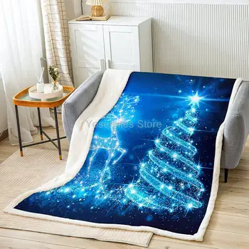 Голубое флисовое одеяло в виде Рождественской елки, Мягкое Уютное Блестящее Шерп-одеяло с оленями/ для детей, женщин, взрослых, Плюшевое с Рождеством