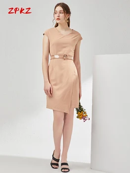 ZPKZ, Французское Элегантное женское платье с Поясом, Летний Темперамент, Хаки, V-образный вырез, высокая талия, Женское роскошное платье