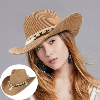 Летняя шляпа пастушки в виде ракушки, Соломенная шляпа для женщин, мужчин, Западная ковбойская шляпа, женская модная тканая шляпа от солнца, пляжная кепка