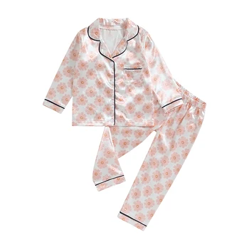 Детский комплект шелковых атласных пижам для девочек и мальчиков, ночное белье на пуговицах с цветочным рисунком, одежда для отдыха, пижамы с длинным рукавом, 2 предмета, пижамные комплекты