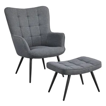 Easyfashion Современный тканевый стул с откидной спинкой середины века с оттоманкой, серый