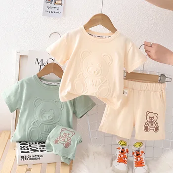 Корейский летний комплект для мальчиков, хлопковая футболка с короткими рукавами, одежда для маленьких девочек с принтом медведя, детские шорты с короткими рукавами, комплект из двух предметов