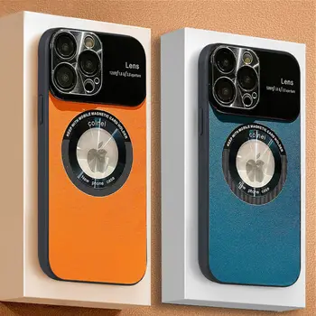 Роскошный тонкий чехол для телефона из магнитной кожи для iPhone 14 13 12 Pro Max Plus, Защитная задняя крышка с отверстием для объектива с логотипом, Беспроводная зарядка